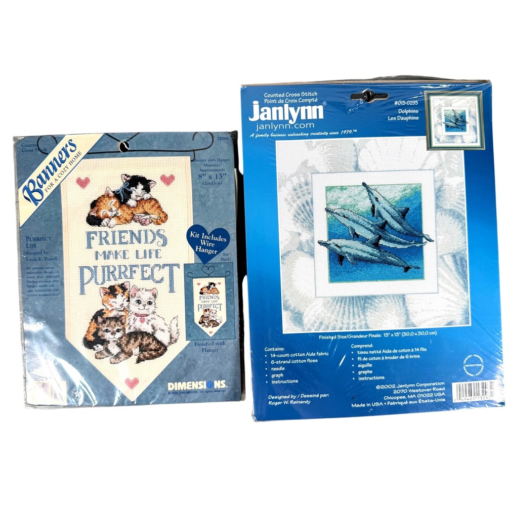 Dimensions Janlynn Cross Stitch Kit Lot Cat Dolphin 14 Count Aida 1990s USA